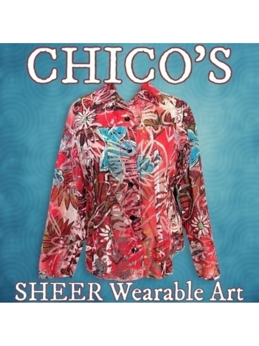 CHICOS Burnout Sheer Multicolor Jacket-Style Button Front Blouse